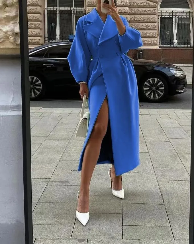 Akivide Womens Double Breasted Long Pea Coats Lapel Lantern Sleeve Maxi Trench Coats Fall Winter Wool Blend Overcoat