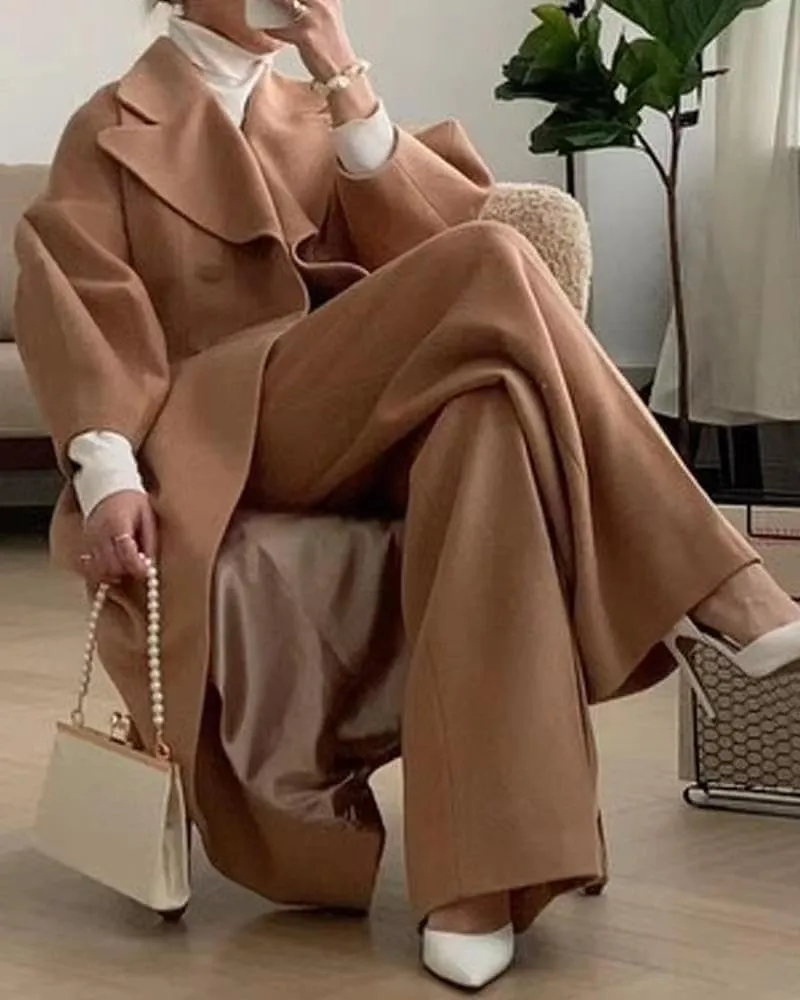 Akivide Womens Double Breasted Long Pea Coats Lapel Lantern Sleeve Maxi Trench Coats Fall Winter Wool Blend Overcoat