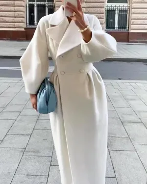 Akivide Womens Double Breasted Long Pea Coats Lapel Lantern Sleeve Maxi Trench Coats Fall Winter Wool Blend Overcoat