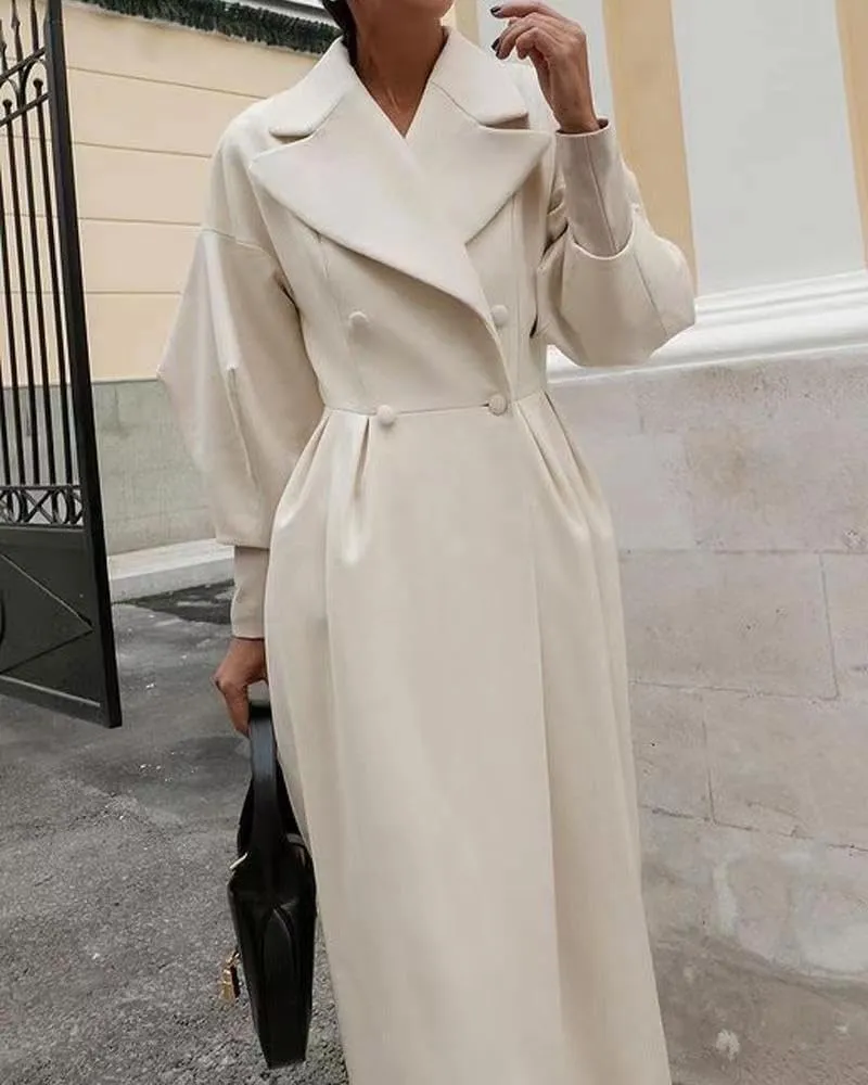 Akivide Womens Double Breasted Long Pea Coats Lapel Lantern Sleeve Maxi Trench Coats Fall Winter Wool Blend Overcoat