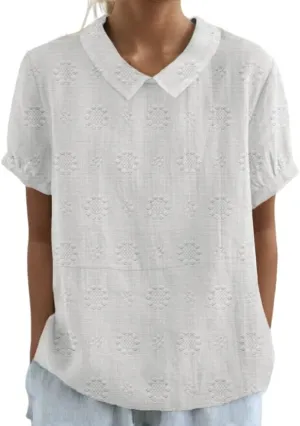 Akivide Women's Summer Cute Cotton Linen Boho Graphic Lapel Shirts Plus Size Lightweight Short Sleeve Dressy Casual Blouses