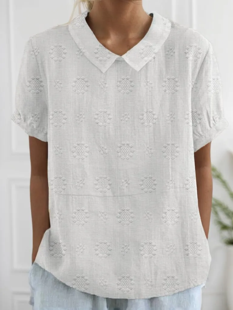 Akivide Women's Summer Cute Cotton Linen Boho Graphic Lapel Shirts Plus Size Lightweight Short Sleeve Dressy Casual Blouses