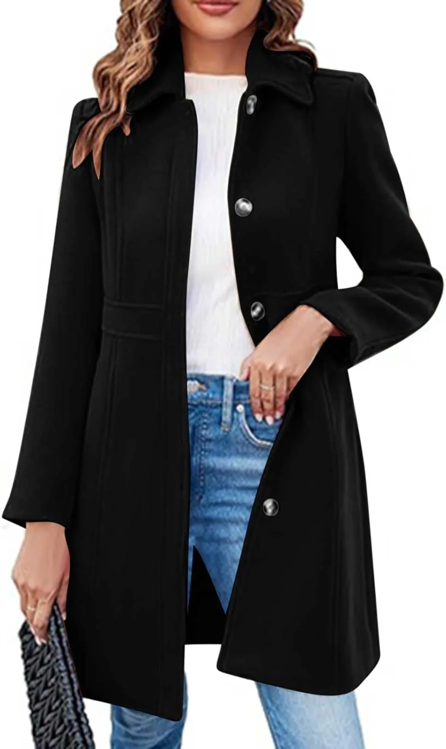 Akklian Womens Winter Woolen Outerwear Overcoat Single Breasted Mid-Thigh A-Line Pea Coat Business Office Elegant Trench Coat