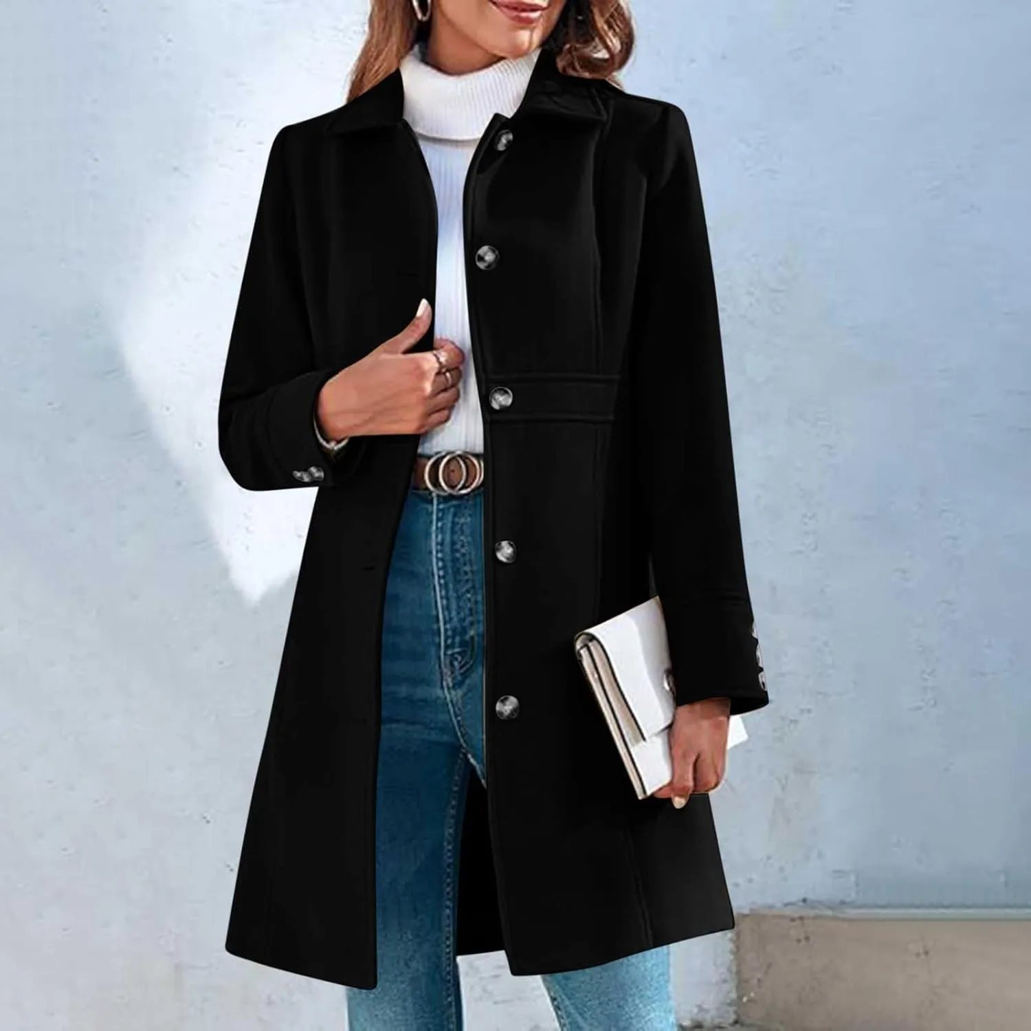 Akklian Womens Winter Woolen Outerwear Overcoat Single Breasted Mid-Thigh A-Line Pea Coat Business Office Elegant Trench Coat
