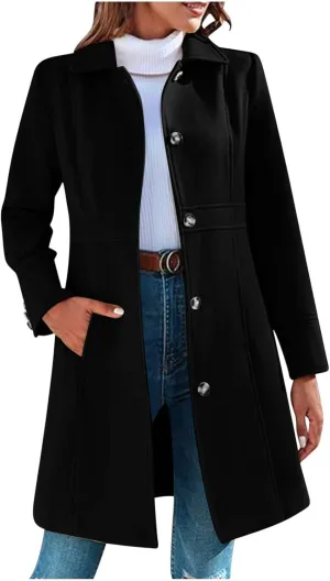 Akklian Womens Winter Woolen Outerwear Overcoat Single Breasted Mid-Thigh A-Line Pea Coat Business Office Elegant Trench Coat
