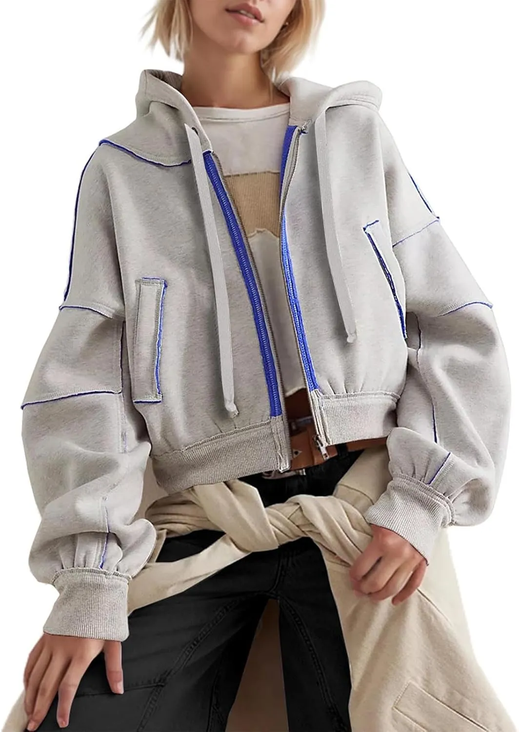 Akklian Zip Up Hoodies for Women Fashion Cropped Sweatshirt Fleece Lined Y2K Fall Teen Girls Preppy Clothes Casual Jackets
