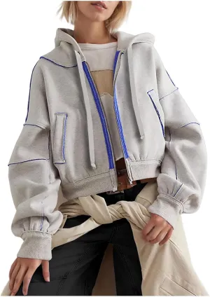 Akklian Zip Up Hoodies for Women Fashion Cropped Sweatshirt Fleece Lined Y2K Fall Teen Girls Preppy Clothes Casual Jackets