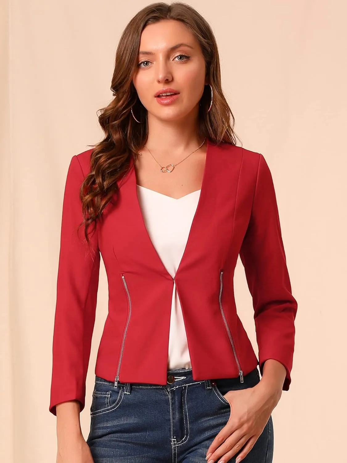 Allegra K Women's Crop Collarless Blazers Suit Zip Decor Work Office Jackets Blazer