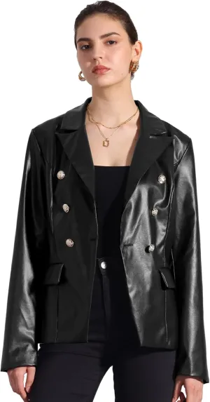 Allegra K Women's Faux PU Leather Blazers Double Breasted Motorcycle Moto Biker Jackets