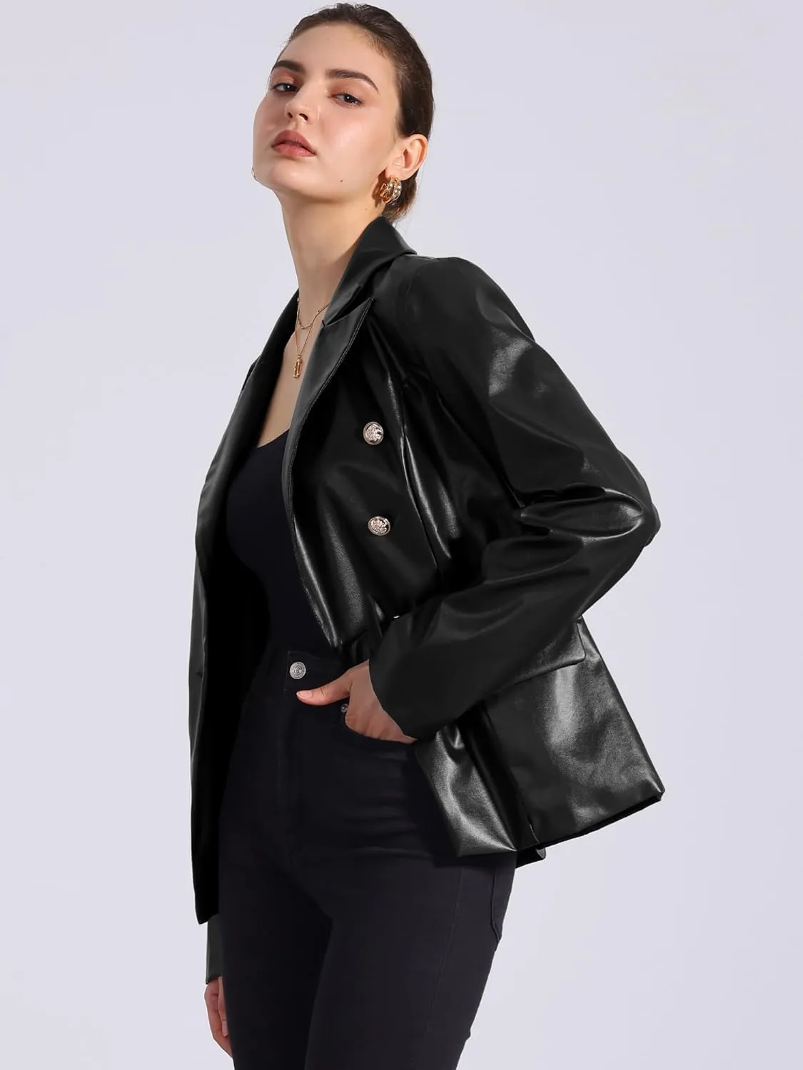 Allegra K Women's Faux PU Leather Blazers Double Breasted Motorcycle Moto Biker Jackets