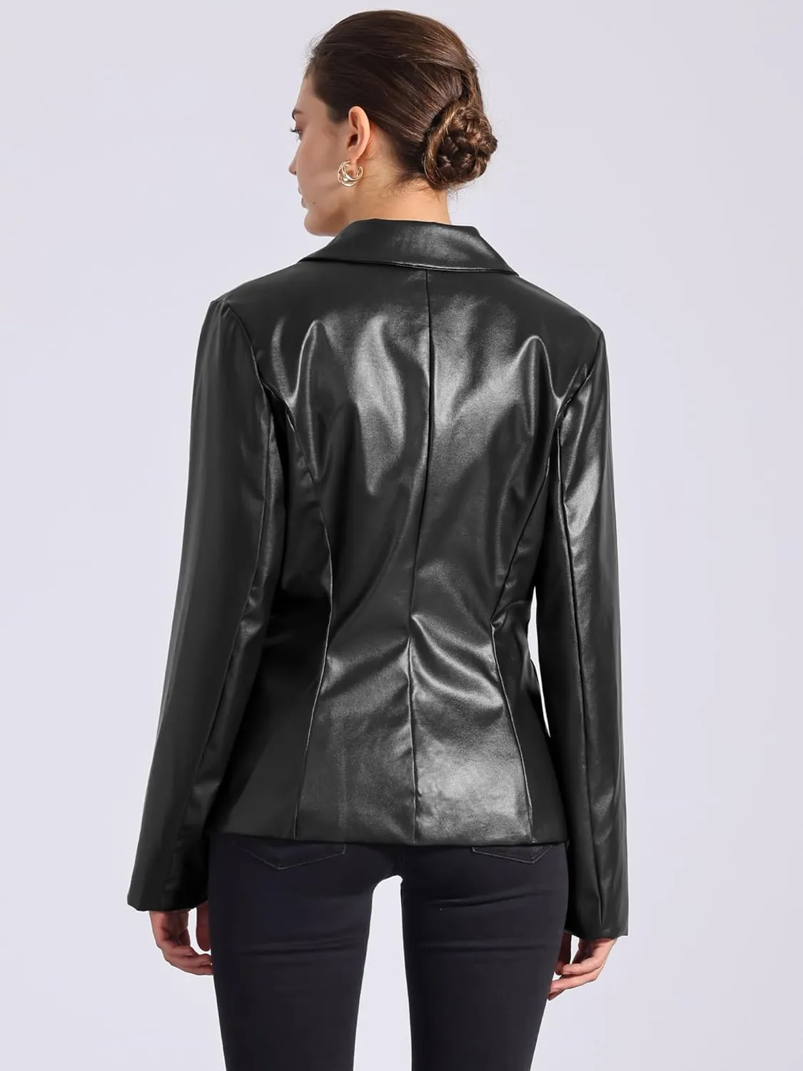 Allegra K Women's Faux PU Leather Blazers Double Breasted Motorcycle Moto Biker Jackets