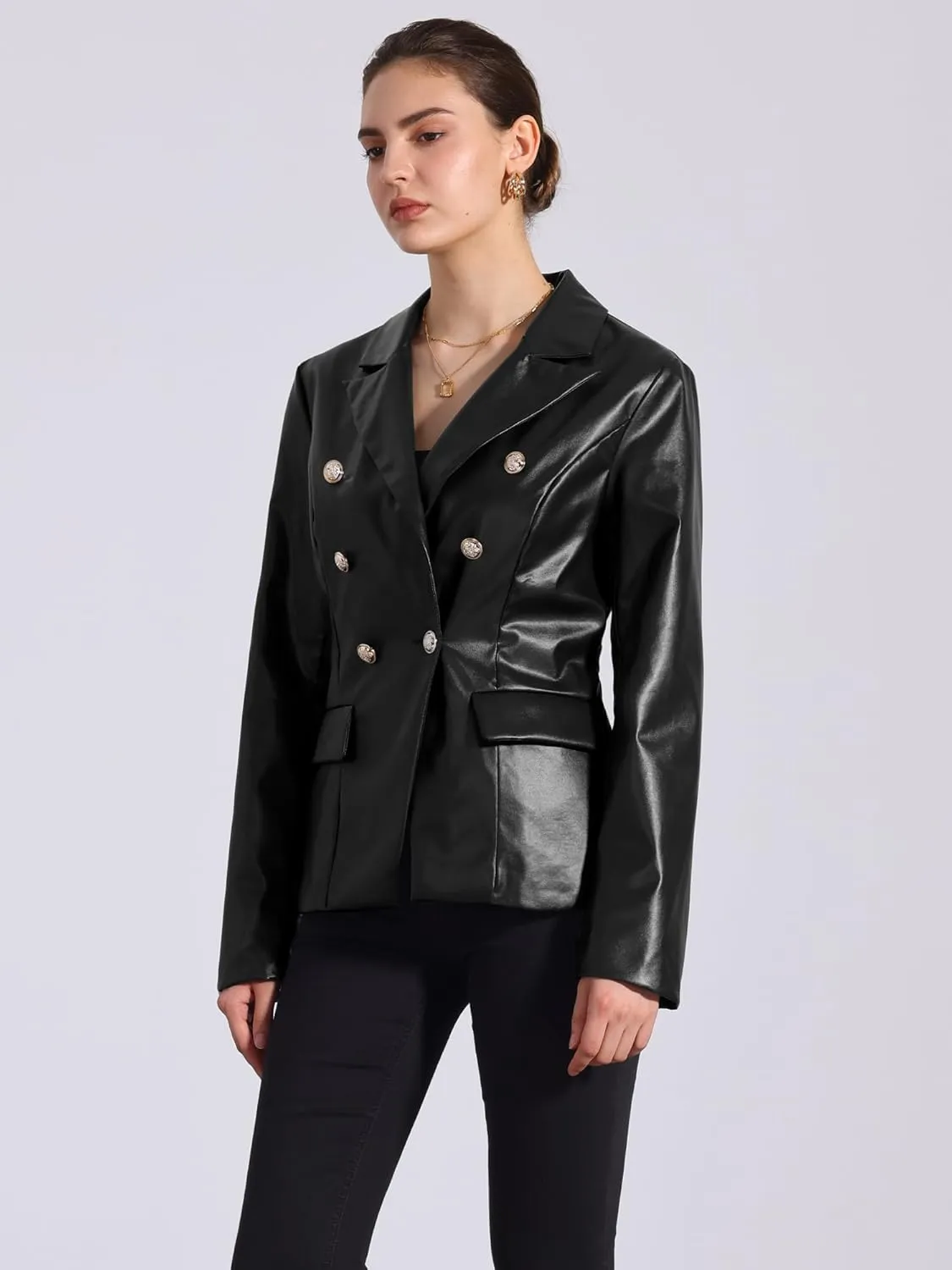 Allegra K Women's Faux PU Leather Blazers Double Breasted Motorcycle Moto Biker Jackets