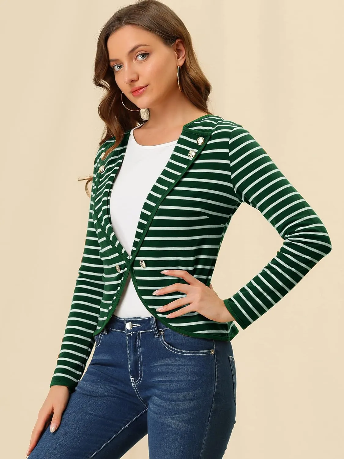 Allegra K Women's Notched Lapel Casual Work Office Striped Blazer