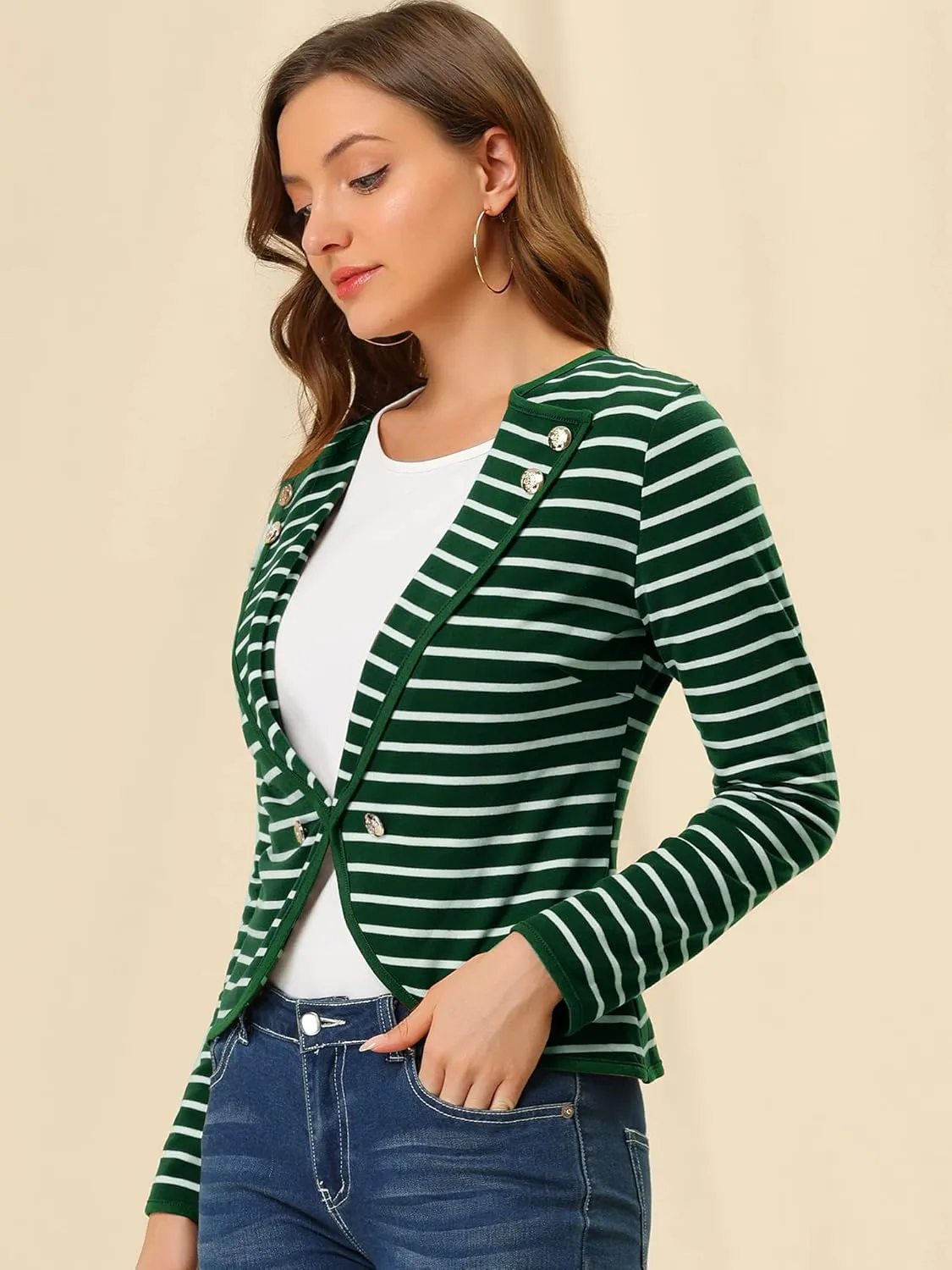 Allegra K Women's Notched Lapel Casual Work Office Striped Blazer