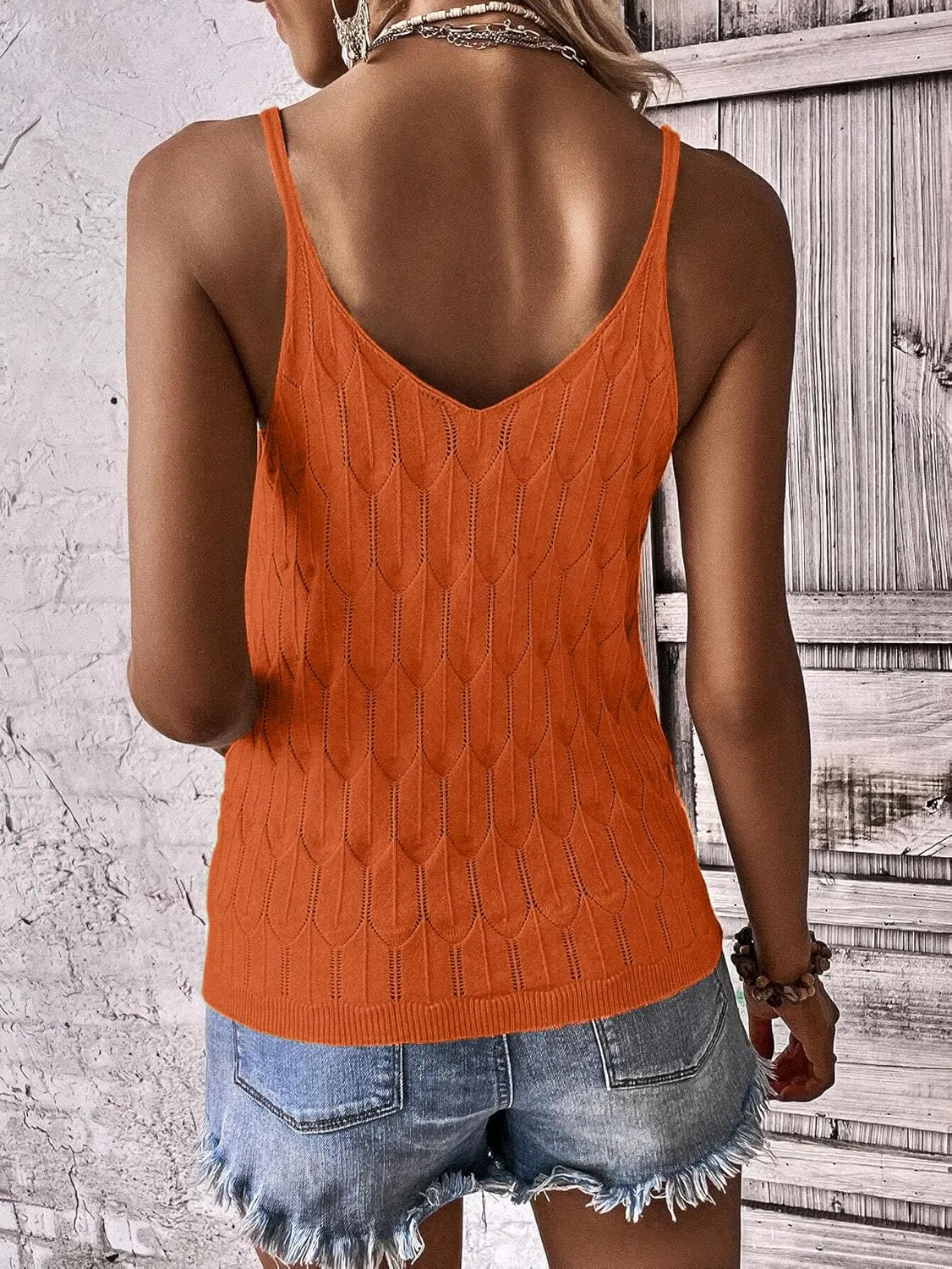 Allimy Womens Pointelle Knit Top V Neck Strappy Tank Tops Summer Sleeveless Blouses Shirts Tops