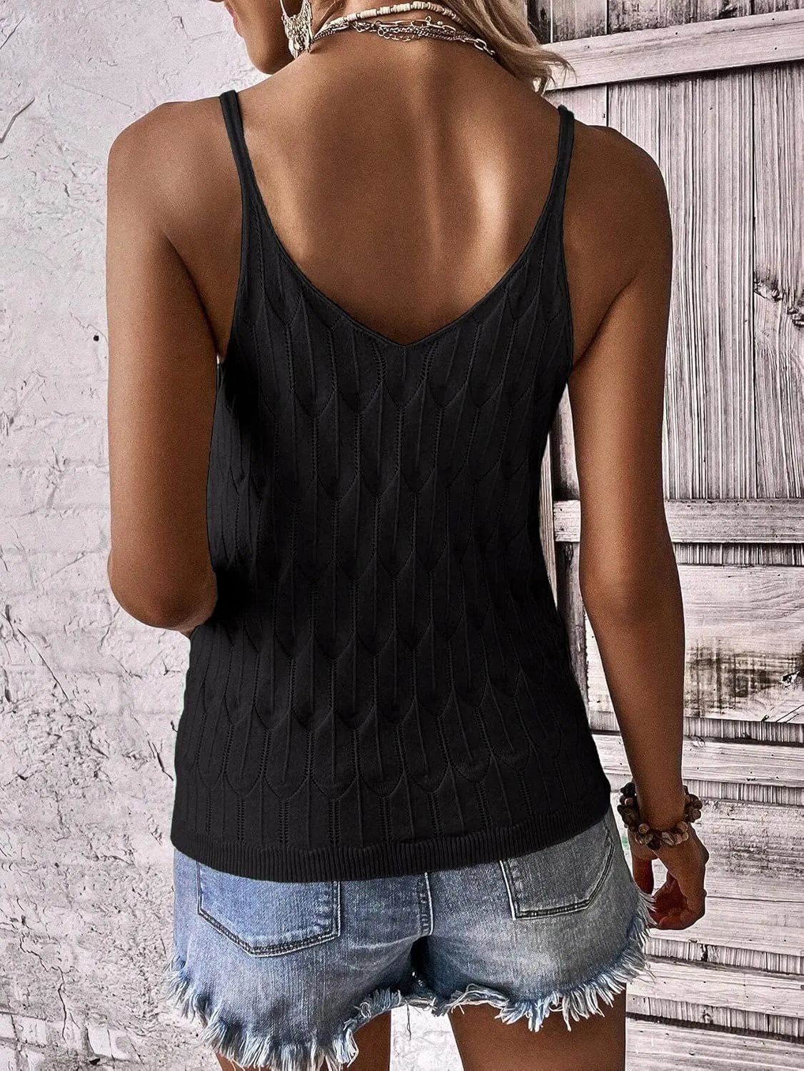 Allimy Womens Pointelle Knit Top V Neck Strappy Tank Tops Summer Sleeveless Blouses Shirts Tops