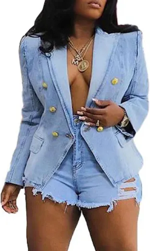Alunzoem Womens Denim Jackets Double Breasted Jean Blazer Business Casual Open Front Long Sleeve Work Office Jacket Coat
