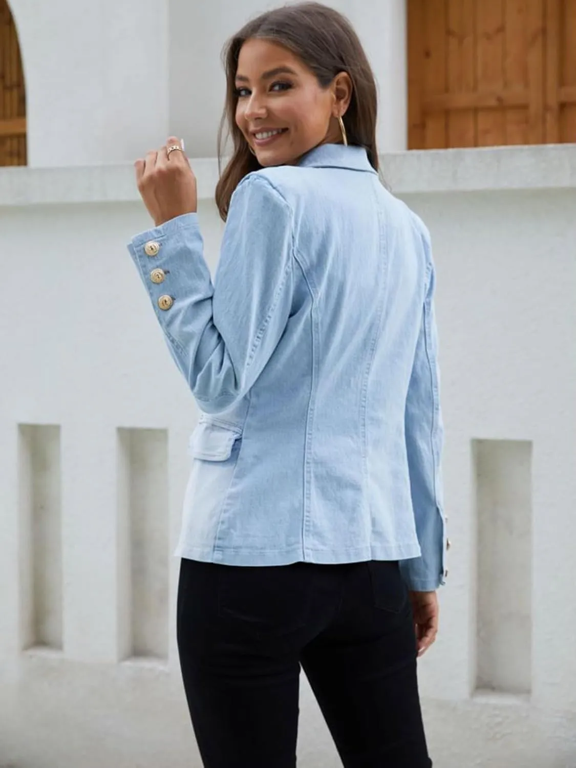 Alunzoem Womens Denim Jackets Double Breasted Jean Blazer Business Casual Open Front Long Sleeve Work Office Jacket Coat