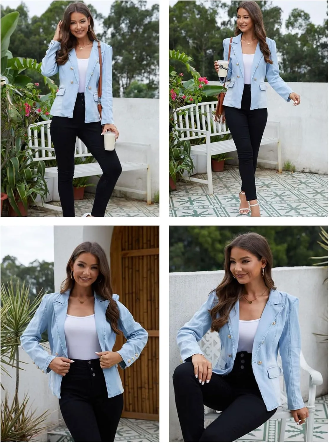 Alunzoem Womens Denim Jackets Double Breasted Jean Blazer Business Casual Open Front Long Sleeve Work Office Jacket Coat