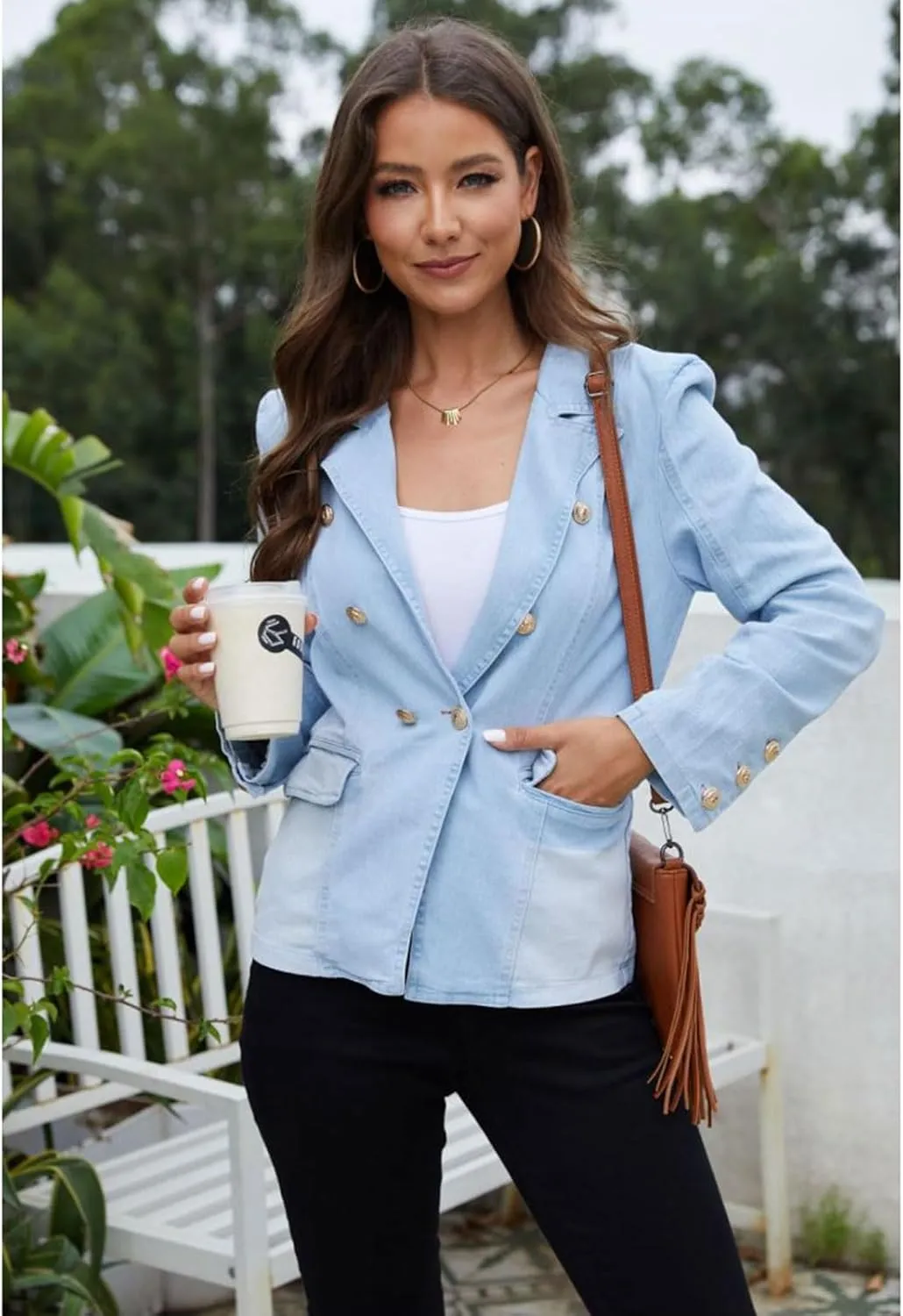 Alunzoem Womens Denim Jackets Double Breasted Jean Blazer Business Casual Open Front Long Sleeve Work Office Jacket Coat