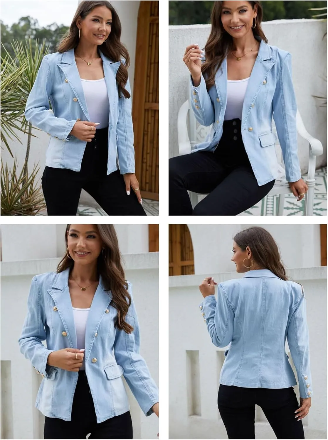 Alunzoem Womens Denim Jackets Double Breasted Jean Blazer Business Casual Open Front Long Sleeve Work Office Jacket Coat