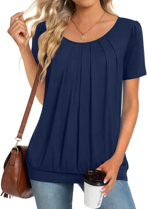 Anymeet 2025 Women's Spring Summer Tunic Tops Short Sleeve Casual Tshirt for Leggings Pleated Blouses