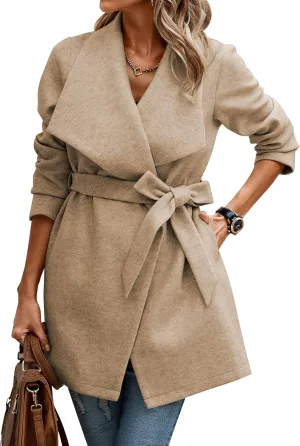 AOVDE Trench Coat for Women 2024 Winter Mid-Long Wool Blend Cardigan Jacket Casual Lapel Collar Outwear With Belt Khaki X-Large