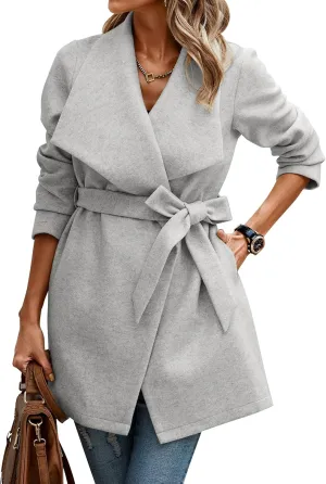 AOVDE Women's Classic Lapel Collar Jacket 2024 Winter Coats Wool Blend Pea Coats Casual Long Trench Coat Light Gray X-Large