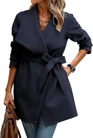 AOVDE Women's Lapel Collar Pea Coats 2024 Winter Wool Blend Overcoat Long Cardigan Jackets Navy Blue Small