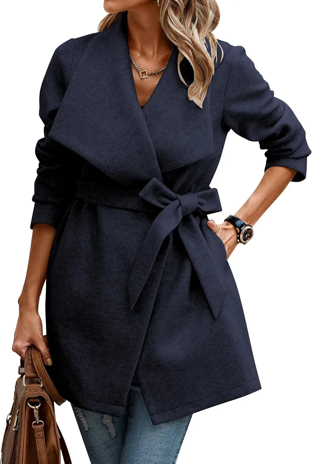 AOVDE Women's Lapel Collar Pea Coats 2024 Winter Wool Blend Overcoat Long Cardigan Jackets Navy Blue Small