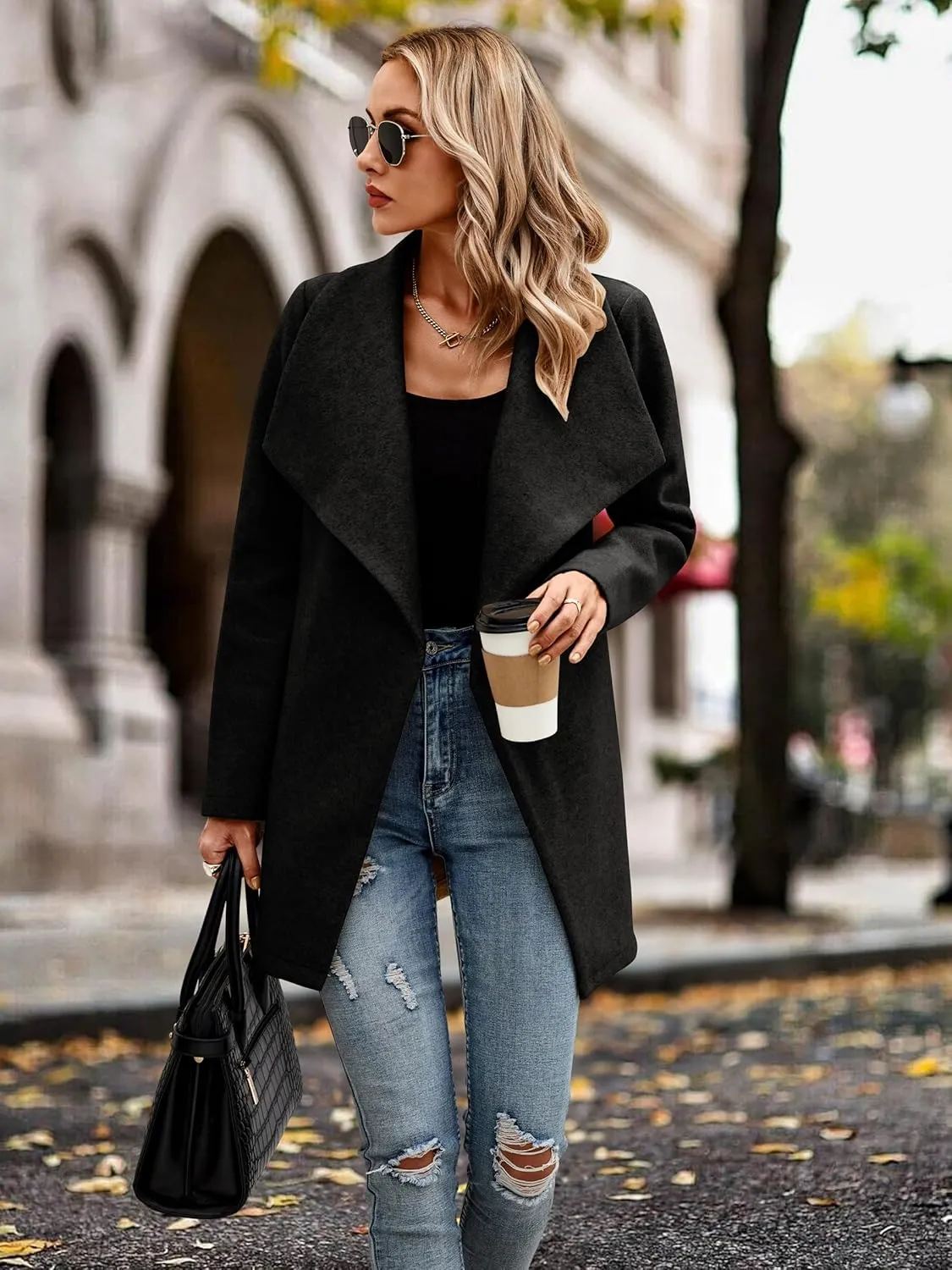 AOVDE Women's Winter Wool Coat: Classic Lapel Collar Jacket - Casual Mid-Long Open Front Blend Overcoat With Belt