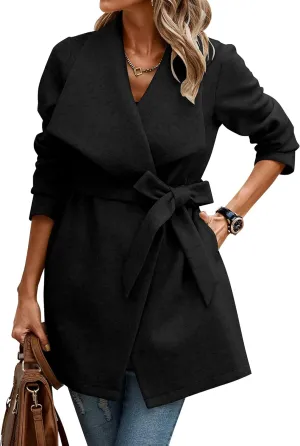 AOVDE Women's Winter Wool Coat: Classic Lapel Collar Jacket - Casual Mid-Long Open Front Blend Overcoat With Belt