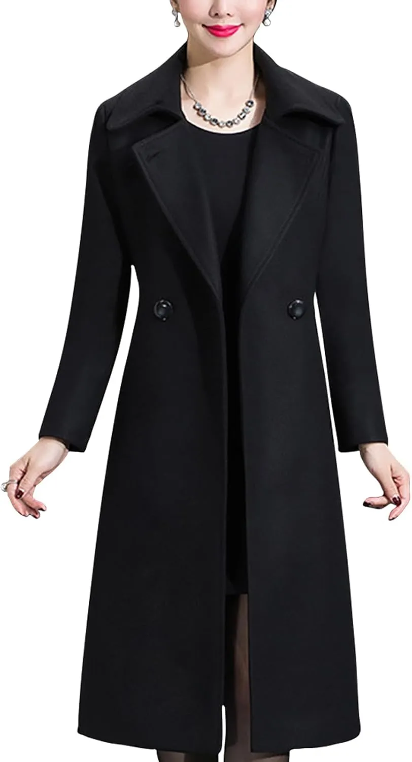 Aprsfn Women's Winter Wool Coats Warm Double-breasted Notched Lapel Jackets Midi Long Peacoat Long Sleeve Pea Coats