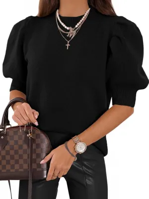 ATHMILE Women's Puff Short Sleeve Sweater Tops 2025 Spring Summer Trendy Casual T Shirts Blouses
