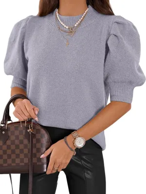 ATHMILE Women's Puff Short Sleeve Sweater Tops 2025 Spring Summer Trendy Casual T Shirts Blouses
