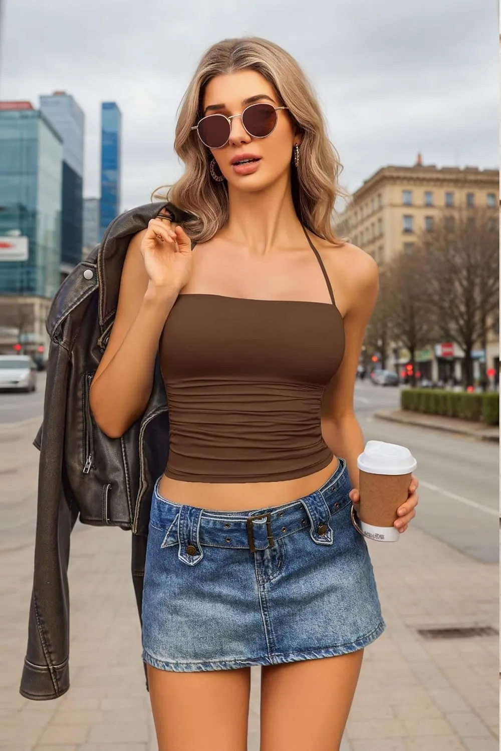 Avidlove Halter Tops for Women Going Out Double Lined Sexy Crop Tank Top Ruched Slim Fit Cami Y2K Outfits