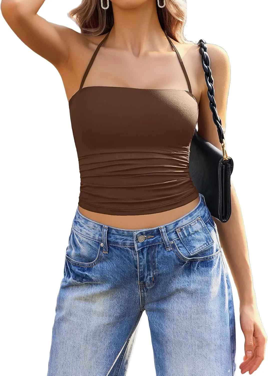 Avidlove Halter Tops for Women Going Out Double Lined Sexy Crop Tank Top Ruched Slim Fit Cami Y2K Outfits