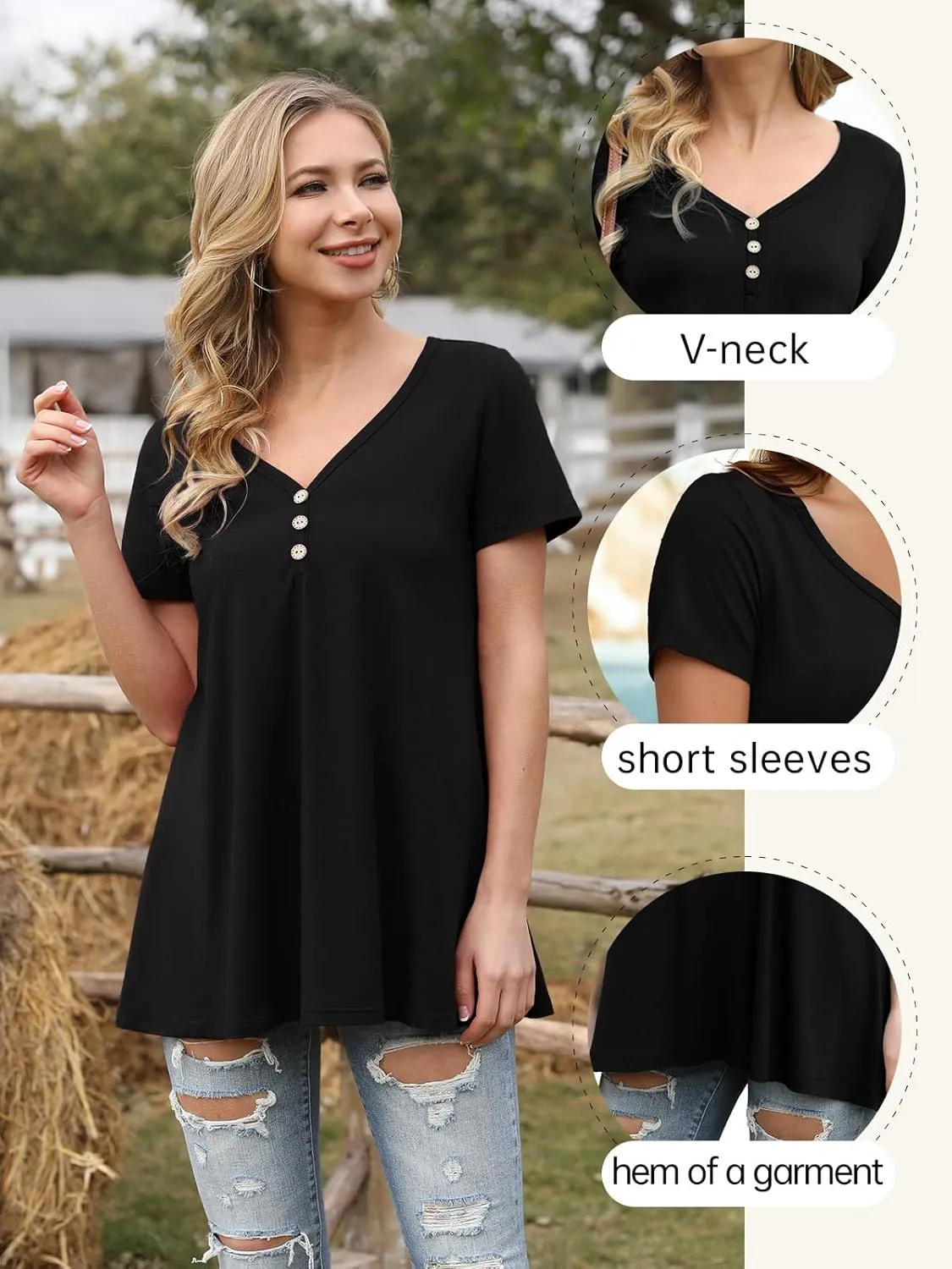 AWULIFFAN Womens Summer Short Sleeve Tunic Tops Loose Fit Casual T-Shirt Button Up Blouses