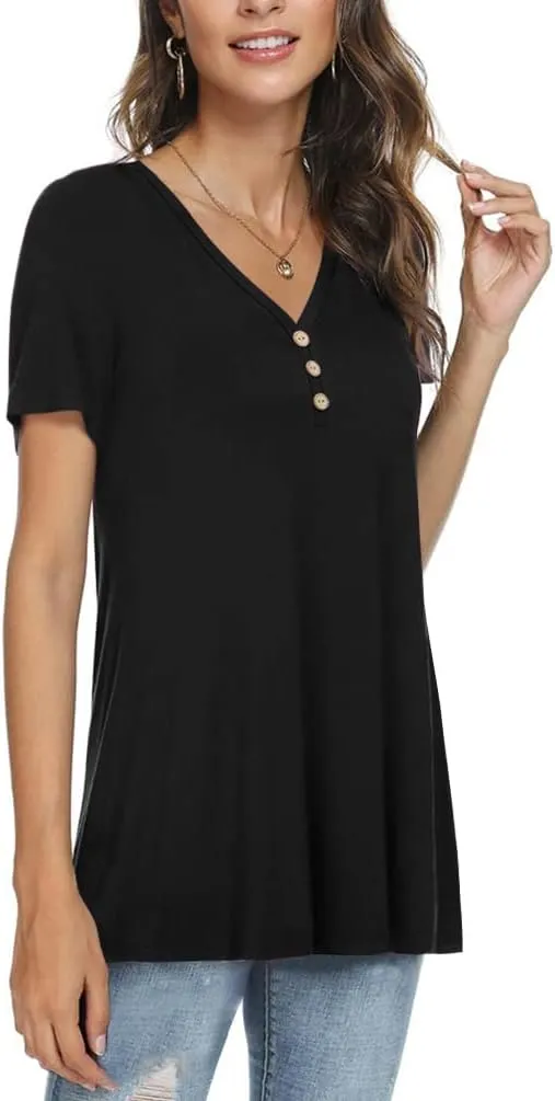 AWULIFFAN Womens Summer Short Sleeve Tunic Tops Loose Fit Casual T-Shirt Button Up Blouses