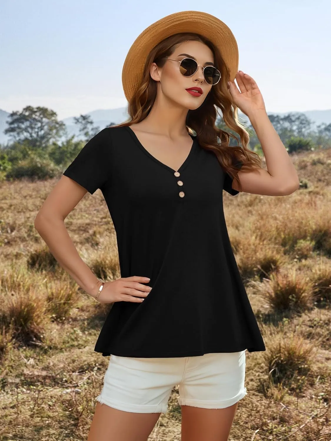 AWULIFFAN Womens Summer Short Sleeve Tunic Tops Loose Fit Casual T-Shirt Button Up Blouses