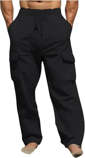 Aymnlox Mens Casual Chino Pants Solid Fall Athletic Workout Drawstring Trousers Baggy Wide Leg Straight Fit Pants with Pocket