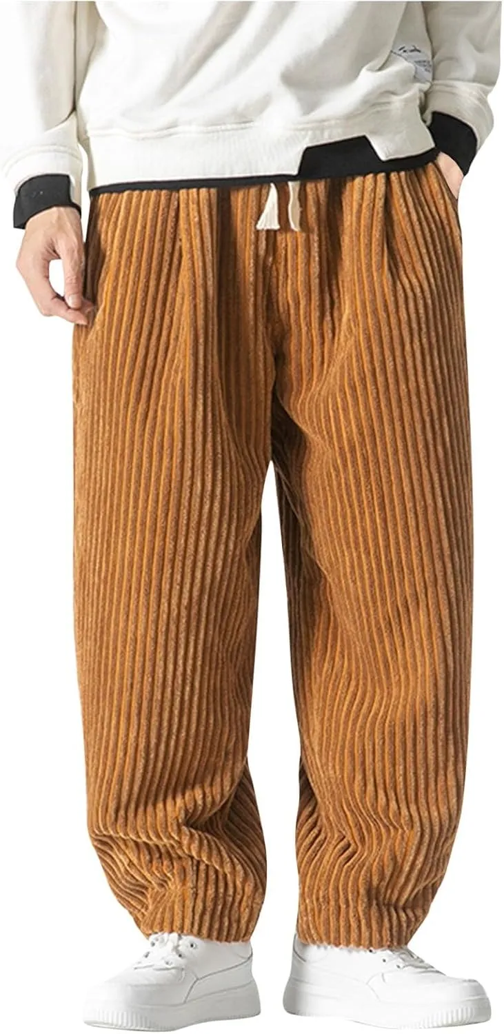 Aymnlox Men's Casual Pants Corduroy Straight Fit Baggy Pants Drawstring Stretch Waist Jogger Hiking Trousers with Pockets