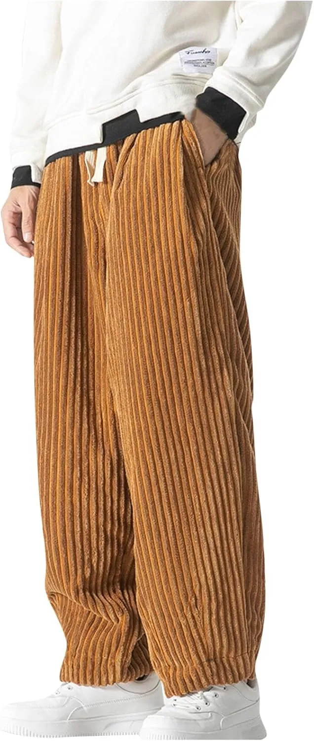 Aymnlox Men's Casual Pants Corduroy Straight Fit Baggy Pants Drawstring Stretch Waist Jogger Hiking Trousers with Pockets