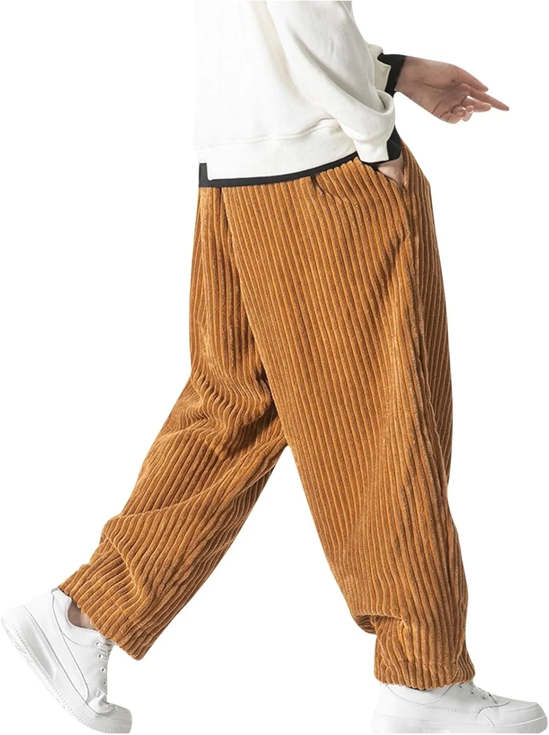Aymnlox Men's Casual Pants Corduroy Straight Fit Baggy Pants Drawstring Stretch Waist Jogger Hiking Trousers with Pockets
