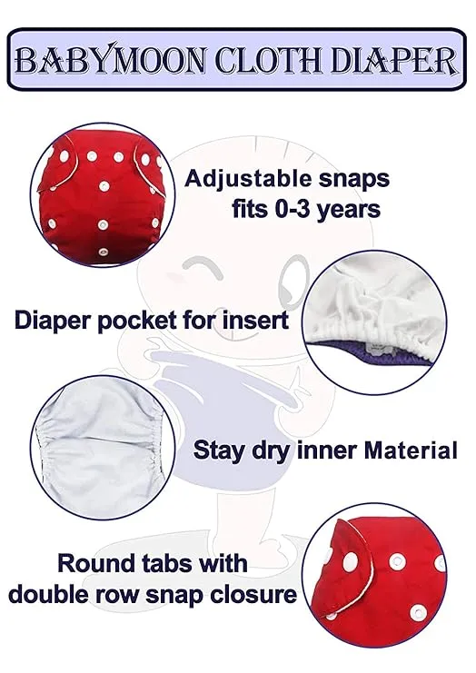 Babymoon | Set of 12 | Cloth Diaper with 5Layers Grey Insert Premium Adjustable Reusable Cloth Diaper