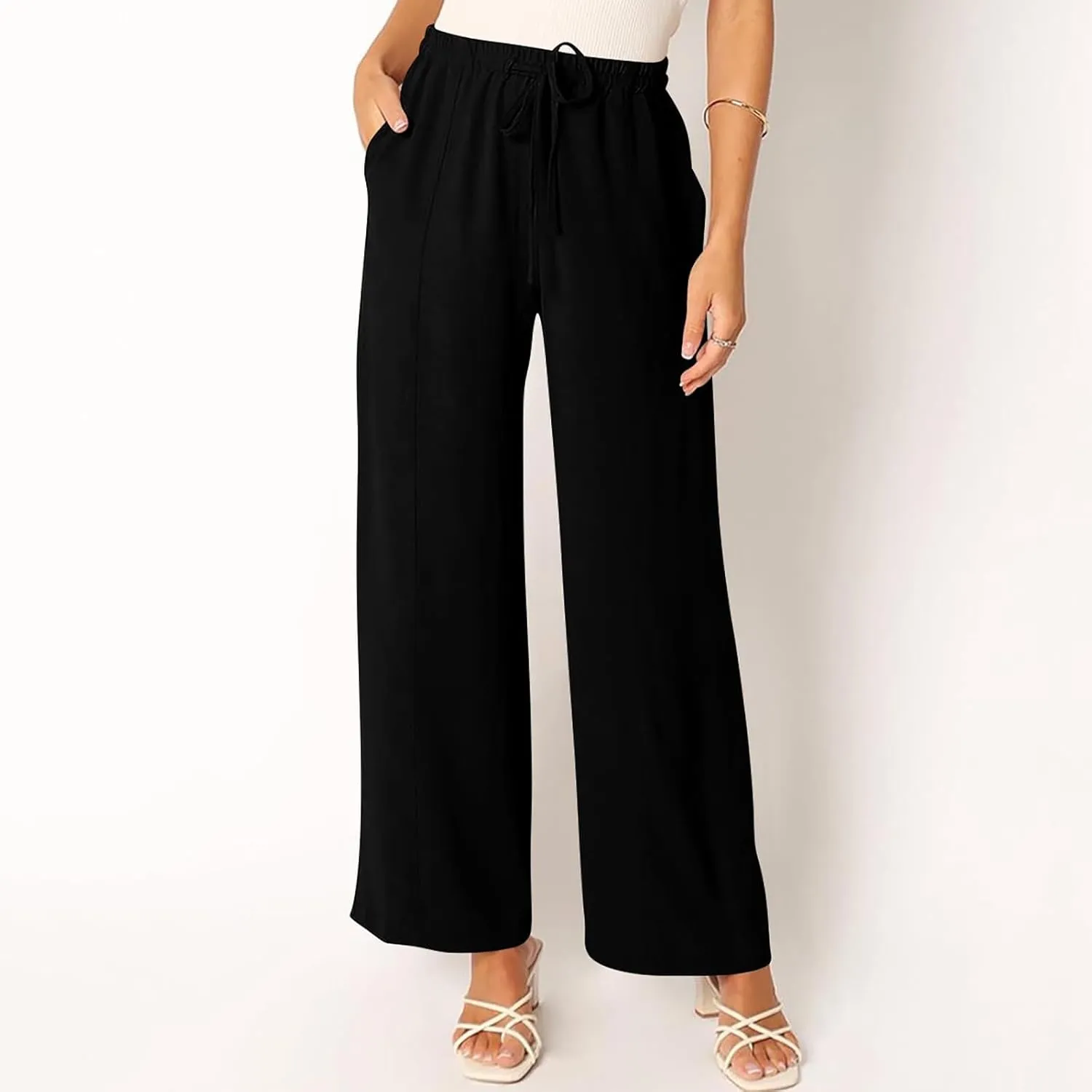 Beach Pants for Women Summer Casual Loose Plus Size Linen Pants Work Wide Leg Flowy Pants Trousers with Pckets