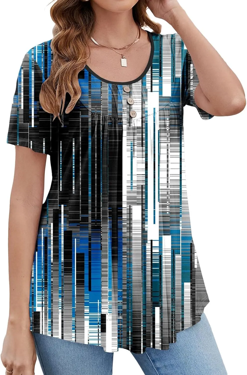 BeadChica Women's Tunic Tops For Leggings Short Sleeve Shirts Botton Up Casual Ruched Blouses Clothes