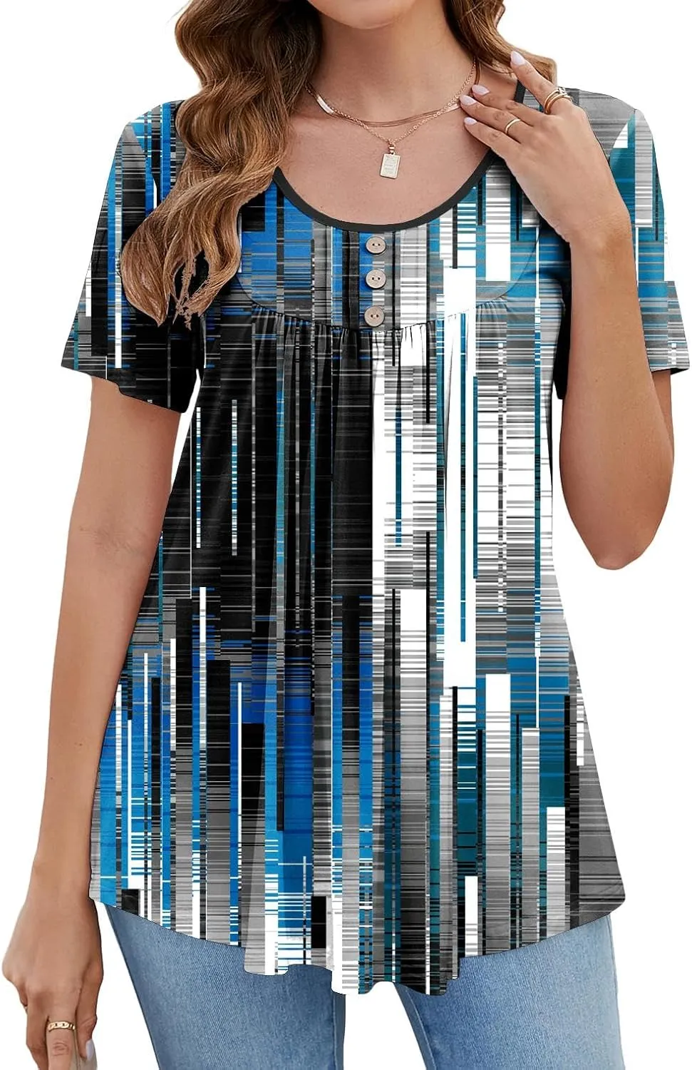 BeadChica Women's Tunic Tops For Leggings Short Sleeve Shirts Botton Up Casual Ruched Blouses Clothes