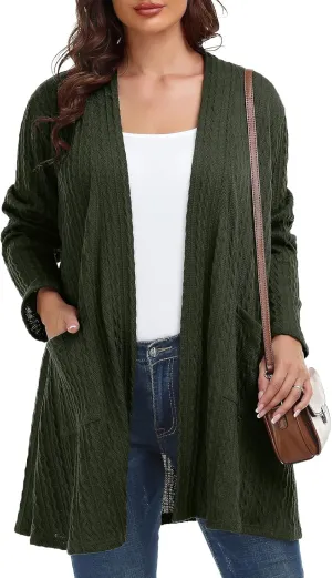BELAROI Womens Open Front Cardigan Cable Knit Sweaters Plus Size Long Sleeve Tops Loose Fall Outwear Coat with Pockets
