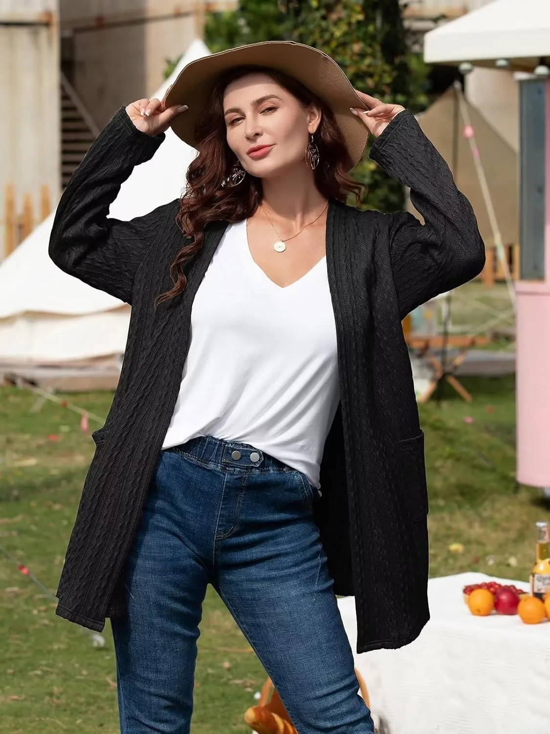 BELAROI Womens Open Front Cardigan Cable Knit Sweaters Plus Size Long Sleeve Tops Loose Fall Outwear Coat with Pockets